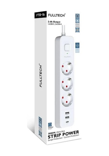 Fulltech FTR-16 Akım Korumalı Kablolu 3x Soket 3'lü Priz 1.8 M - 06422