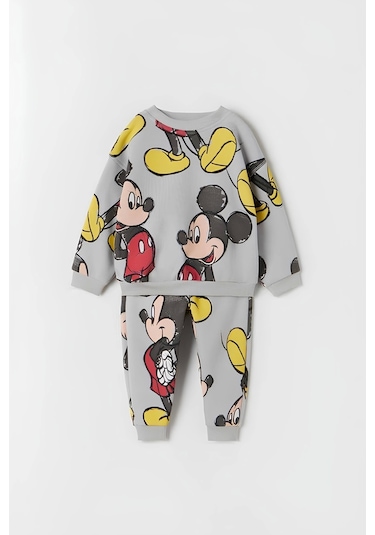 Unisex Çocuk Mickey Mouse Baskılı Gri 3 İplik Şardonsuz Kışlık Sweat Ve Eşofman Alt Üst Takım Gri