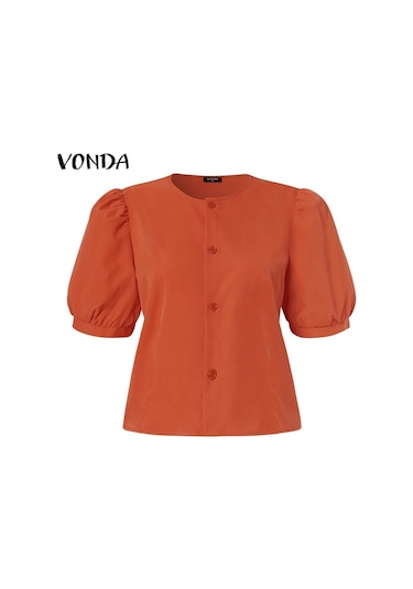 Gül Vonda Kadın Yaz Yuvarlak Yaka Puf Kısa Kollu Düğmeli Düz Renk Bol Bluz Gül