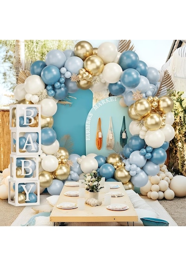 Okyanus Temalı Baby Shower Set 119 Parça Okyanus Mavi, Deniz Kumu, Krom Gold Ve Açık Mavi Balon Set