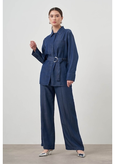 Mizalle Tencel Dokulu İndigo Tunik Mavi