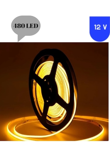 12 Volt 8 Mm 480 Ledli Esnek Cob Şerit Sarı Amber Dış Mekan Ip68 5 Metre