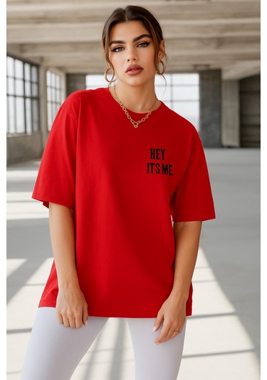 Hey It's Me Baskılı Oversize T-shirt Kirmizi