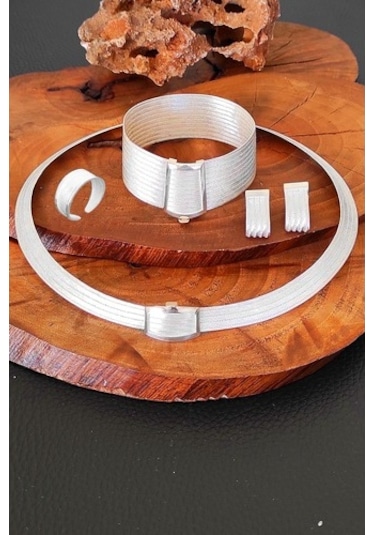 Gümüş Trabzon Hasırı Takımı Yüzük Küpe 5 Sıra Kolye Ve 11 Sıralı