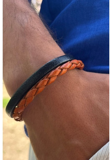 Örgü Dokulu El İşçiliği İle Üretilmiş Hakiki Deri Erkek Bileklik Siyah