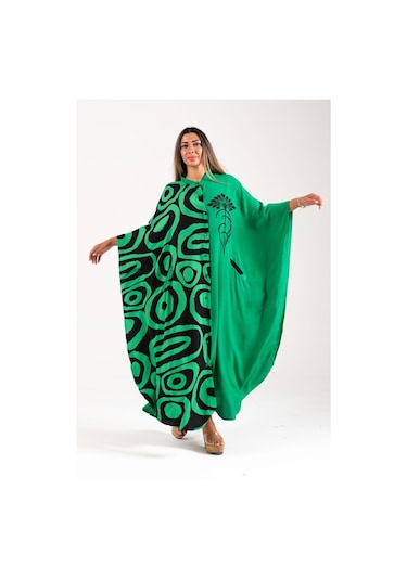 Kadın Yeşil Sıfır Yaka Desen Garnili Nakışlı Cepli Oversize Uzun Elbise - Yesıl