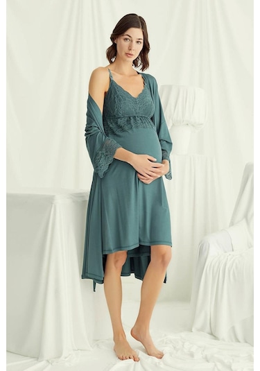 Monamise 18522 Hamile Lohusa Sabahlıklı Gecelik Takım-yeşil