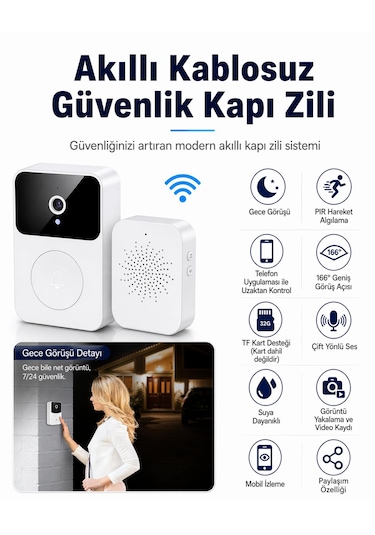 Akıllı Kablosuz Güvenlik Kapı Zili Kızılötesi Gece Görüş Modu Hd 1080p Kapı Zili Kamera Hareket Algılama