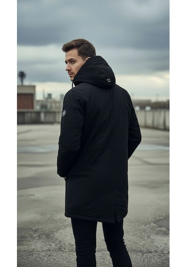 Plus Scorpion Siyah Erkek Gabardin Kapitone Astarlı Kaban Şık, Sıcak Ve Su Geçirmez Siyah