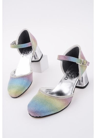 Muggo Else Bilekten Bağlamalı Simli Kız Çocuk Kısa Topuklu Ayakkabı Mor