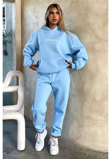 Bebe Mavisi That So Fetch Eşofman Takımı - Baskılı Oversize Kapüşonlu Şardonlu Bebe Mavisi