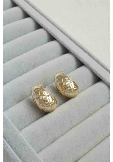 Kadın Küpe Kararmaz 14k Renk Vip Seri Ekose Desen Damla Model 2cm Küpe Altın