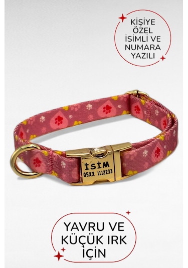 Caramelos İsimli Köpek Tasması, Yavru Köpek Tasması, Küçük Irk Köpek Tasması, Metal Kilit, 1,5 Cm Fuşya