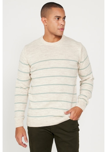 AC&Co / Altınyıldız Classics Erkek Bej Mınt Standart Fit Normal Kesim Bisiklet Yaka Çizgili Triko Bej