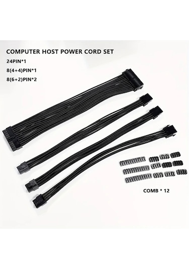 Xuweiwei Siyah Tel Tarakli Psu Kablo Uzatma Seti 1x24 Pin 1x8 Pin 4+4 Eps 2x8 Pin 6p+2p Pcıe Atx Guc Kaynagi