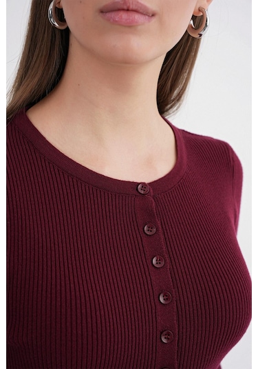 6931 Kadın Düğmeli Fitilli Triko Hırka Bordo Bordo