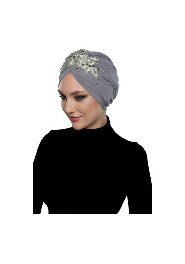 Kopma Astarlı İşlemeli Açık Gri Sarı Dantel Motifli Hazır Türban Tesettür Abiye Bone Açık Gri - Sarı