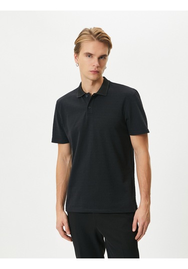 Koton Polo Yaka Tişört Düğme Detaylı Kısa Kollu Siyah 4sam10094mk Siyah