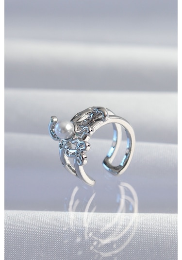 Pirinç Gümüş Renk İncili Ahtapot Earcuff Küpe Altın