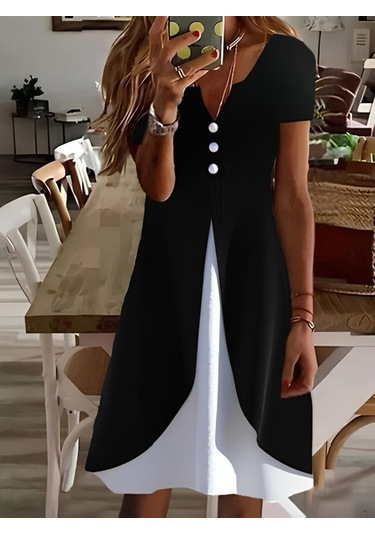 Kadın Kısa Kollu V Yakalı Önden Düğmeli Çift Renkli Viskon Elbise Siyah