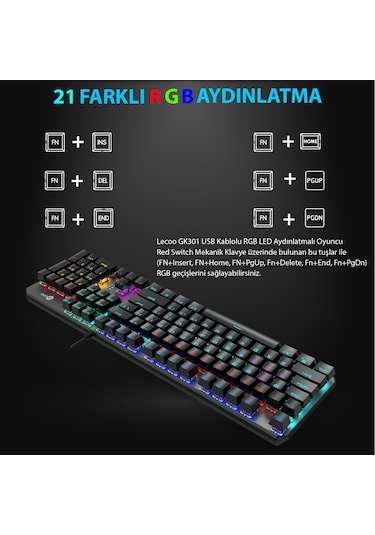 Lecoo GK301 USB Kablolu Red Switch Makrolu RGB Gaming Mekanik Türkçe Q Klavye Metalik Gri