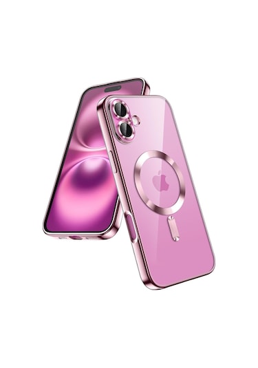 Teknomoda İphone 16 Kılıf Kamera Lens Korumalı Renkli Magsafe Şarj Uyumlu Şeffaf Silikon Rose Gold