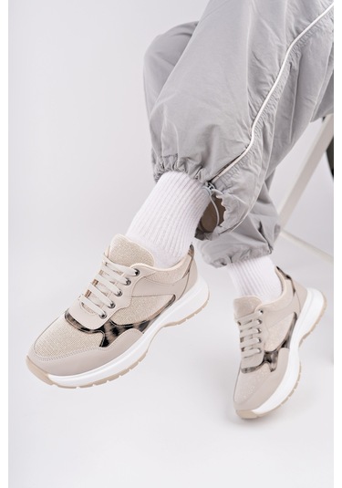 Muggo Melody Kadın Kalın Taban Günlük Leopar Desenli Bağcıklı Sneaker Spor Ayakkabı Ten