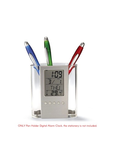 Springsun Ofis Ve Ev İçin Transparan Abs Mutfak Kalem Kutusu - Saat, Takvim, Zamanlayıcı, Termometre Ve Lcd Ekranlı Otomatik Çekmeceli Organizer Gri