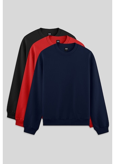 Standart Fit Basic O Yaka 3lü Paket Siyah-indigo-fiesta Erkek Sweatshirt - 88363 Siyah - Saks Mavi