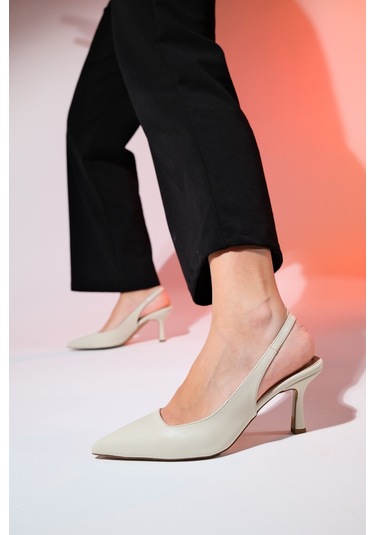 Luvishoes Flem Ekru Cilt Kadın Sivri Burun Arkası Açık İnce Topuklu Ayakkabı Ekru