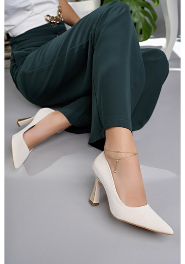 Muggo Goes Garantili Sivri Burun Kadın Topuklu Stiletto Ayakkabı Ten