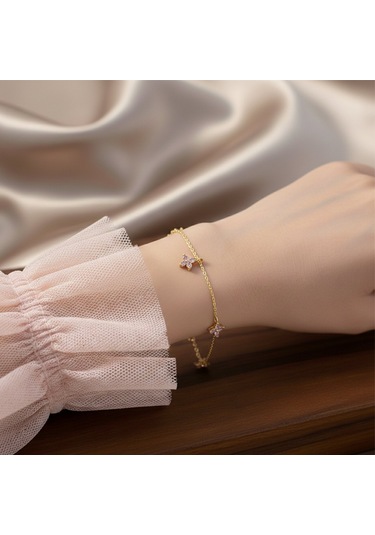 925 Ayar Gümüş Sallantılı Pembe Gold Kelebek Bileklik Altın