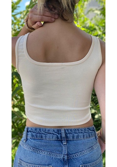 Afri Kadın Krem Basic Ribana Atlet Crop Likralı Spor Üst Krem