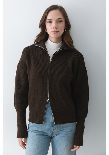 Kahverengi Çift Fermuarlı Hırka - 251080 Koyu Bej