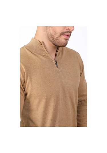 Ferraro Camel Dik Yaka Düz Renk Pamuk Erkek Kazak Camel