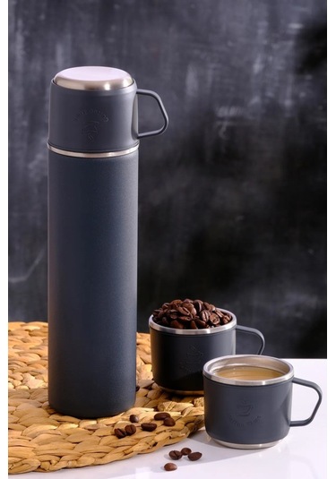 304 Paslanmaz Çelik 3 Bardaklı Termos Seti Çay Kahve Piknik Kamp Gri Gri