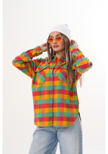 Kadın Desen Bloklu Oduncu Oversize Bol Ve Geniş Kalıp Casual Cepli Yakalı Ceket Gömlek Sarı