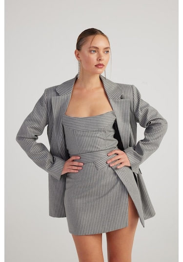 Holly Lolly Oversize Kesim Simli Çizgili Eden Blazer Ceket Gri