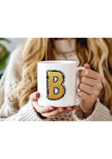 B Harfi Gold Simli Kupa Işıltılı Alfabe Harf Tasarımlı Kahve Kupası - Kişiye Özel Hediye Beyaz