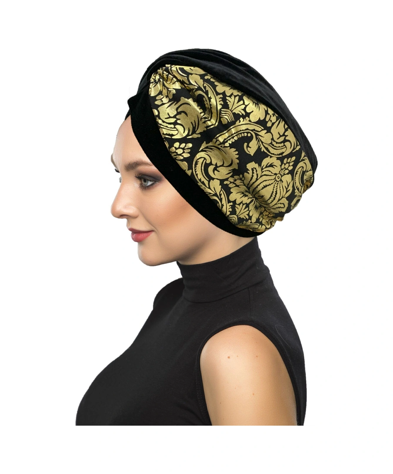 Kadife Özel Tasarım Osmanlı Motif Siyah Hazır Türban Tesettür Bone Siyah