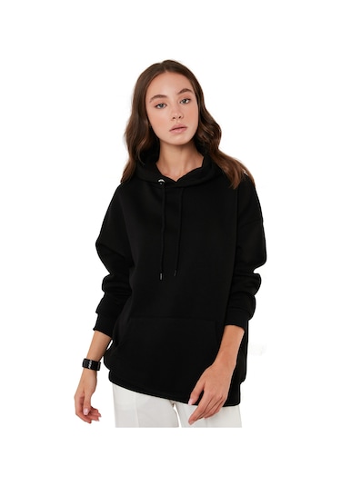 Lela Regular Fit Pamuklu Kapüşonlu Yaka Şardonlu Kışlık Bayan Sweat 5863854 Siyah