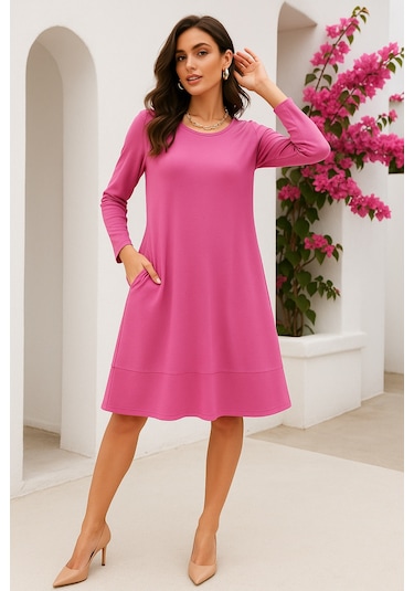 Rich Kadın Pembe Gizli Cepli Uzun Kollu Elbise Pembe