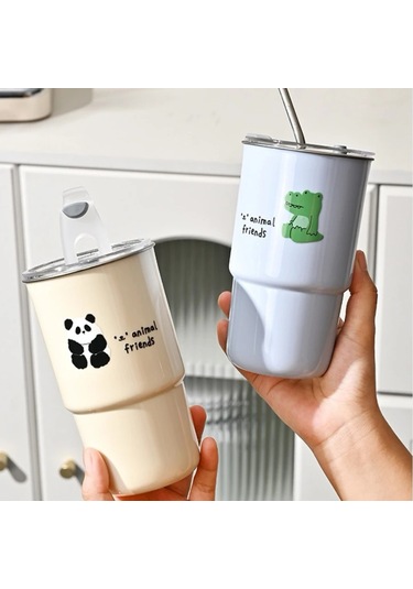 600 Ml 304 Paslanmaz Çelik Saman Bardak Araba Eşlik Eden Su Kapaklı Bardak Beigepanda Bej