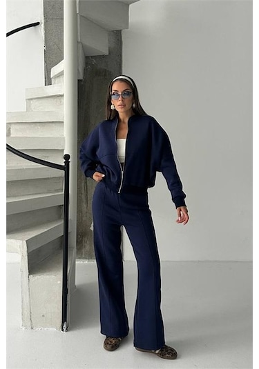 Neşeli Butik Kadın 3 İplik Şardonlu Oversize Eşofman Takımı Nbg105 Lacivert