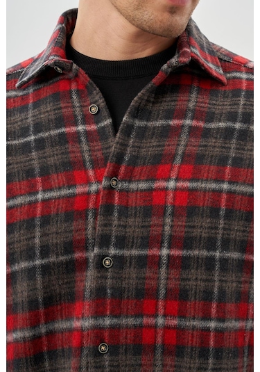 Bordo Yünlü Ekose Desen Yumuşak Yaka Cepsiz Uzun Kol Casual Comfort Fit Gömlek 1004245227 Bordo