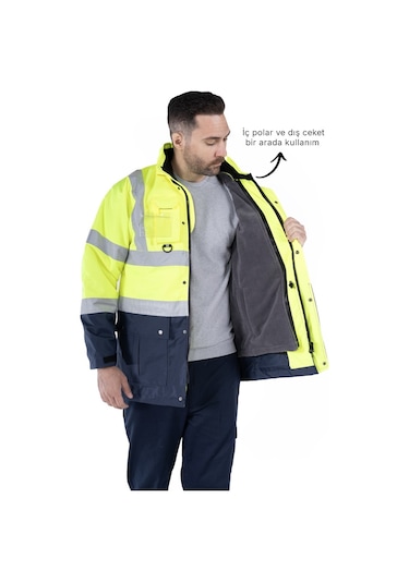 5 İ Bir Arada İş Güvenliği Kabanı Hi-vis Sarı - Lacivert