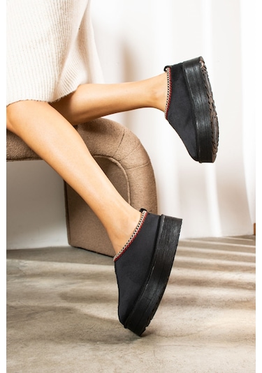 Günlük Kadın Bot Desenli Yüksek Kalın Taban İçi Kürklü Süet Kısa Bootie Hafif U50 Siyah