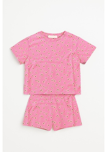 Kız Çocuk %100 Pamuklu Çiçek Desenli Şortlu Takım 3-4 Yaş -8-9 Yaş Pembe