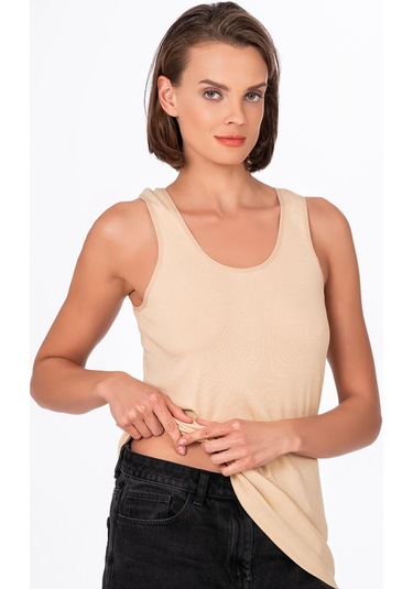 Kadın Pamuklu Ribana Esnek Biyeli Kalın Askılı Örme Atlet Ten K0111-ten