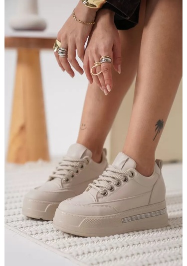 Trendella Kadın Bej Gizli Topuklu Sneaker Tr04ms01c Beyaz